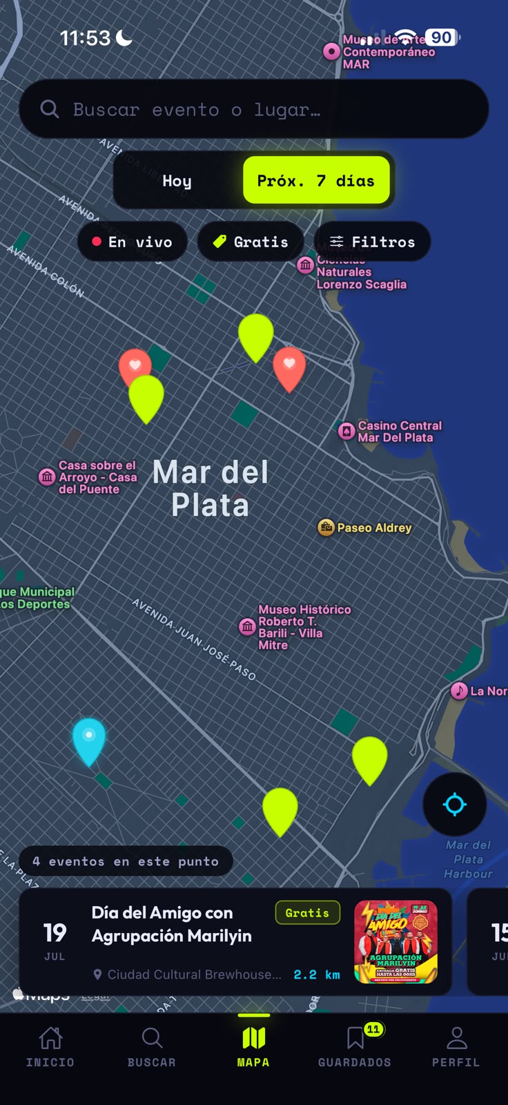 Mapa de eventos de Mar del Plata en la app Cual Pinta